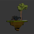 Low Poly Green Scenic Platform With Tree Black Fence And Deer Animals