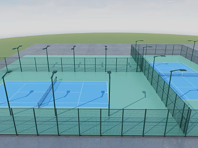 Outdoor Two Blue Tennis Courts With Green Fences And Street Lamps In Open Paved Area 3d model