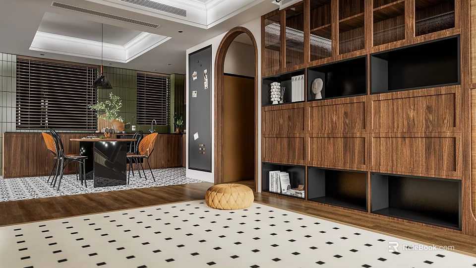 Modern Restaurant Interior Design With Wooden Cabinets Dining Table Chairs And Checkered Rug 3d model 