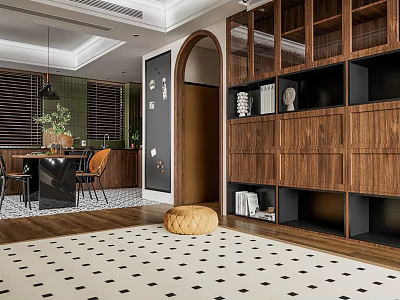Modern Restaurant Interior Design With Wooden Cabinets Dining Table Chairs And Checkered Rug 3d model