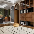 Modern Restaurant Interior Design With Wooden Cabinets Dining Table Chairs And Checkered Rug