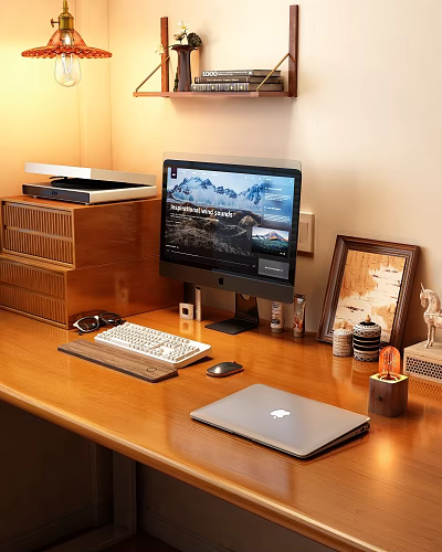 Wooden Desk Decorative Ornaments Set With Photo Frame Small Sculpture And Candle Jars 3d model