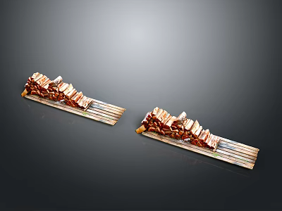 Two Long Decorative Furniture Shelves With Stacked Design And Copper Metal Frames 3d model