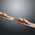 Two Long Decorative Furniture Shelves With Stacked Design And Copper Metal Frames