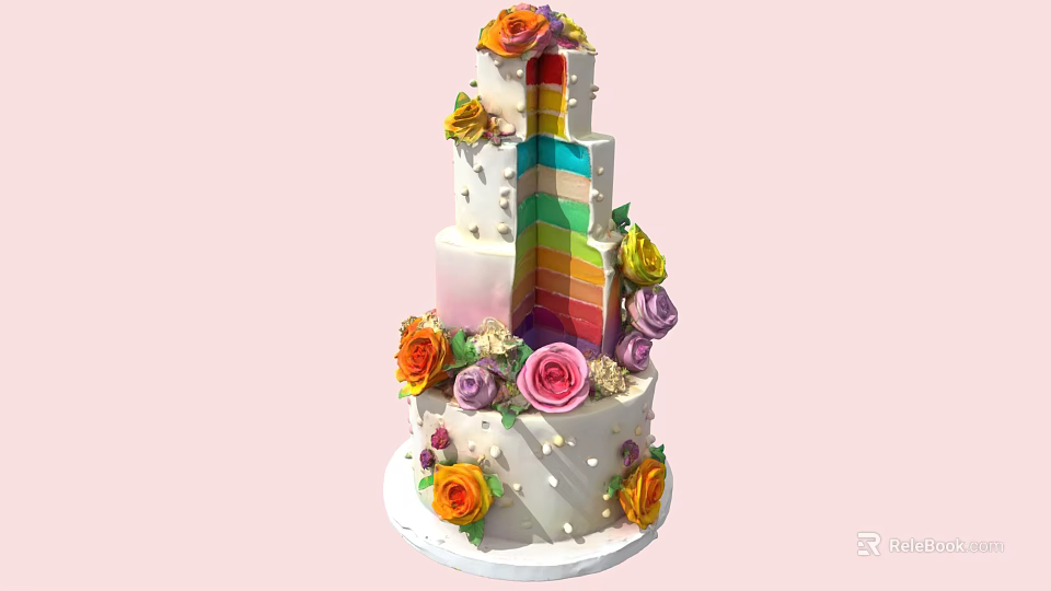 Beautiful Layered Rainbow Cake With Colorful Floral Decorations And White Frosting 3d model 