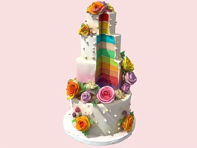Beautiful Layered Rainbow Cake With Colorful Floral Decorations And White Frosting 3d model