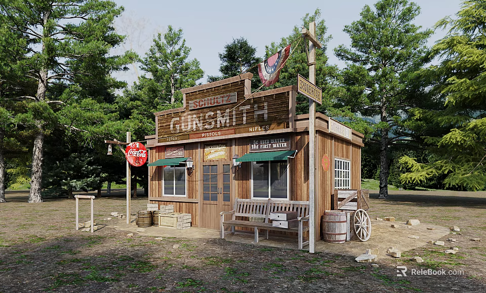 Rustic Blacksmith Shop With Wooden Building Sign Bench Barrel And Trees 3d model 