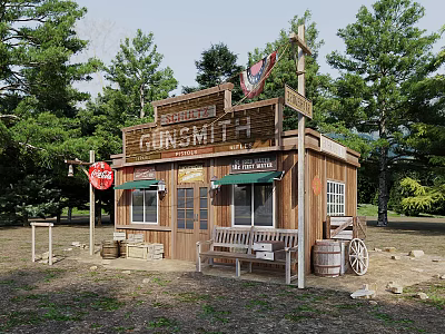Rustic Blacksmith Shop With Wooden Building Sign Bench Barrel And Trees 3d model
