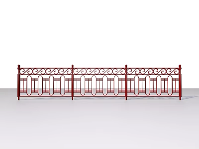 Red Decorative Wrought Iron Railing With Ornate Patterns And Vertical Support Posts 3d model