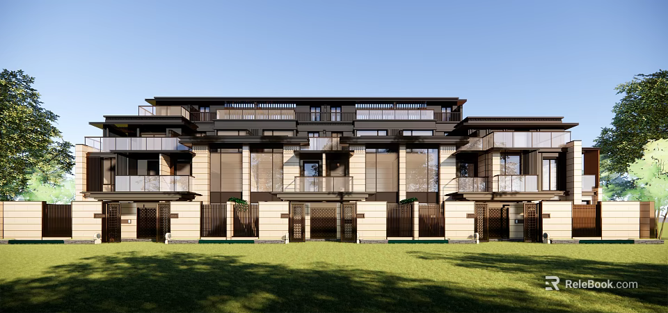 Modern Townhouse Exterior Design With Balconies Large Windows And Green Lawn 3d model 