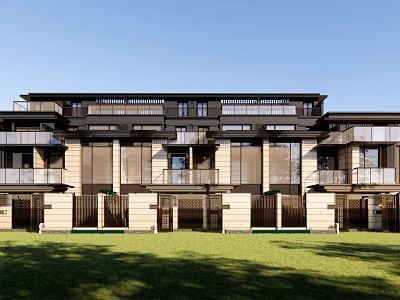 Modern Townhouse Exterior Design With Balconies Large Windows And Green Lawn 3d model