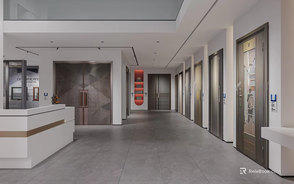 Modern Lobby Interior With Reception Desk Multiple Doors Red Decorative Wall And Gray Flooring 3d model 