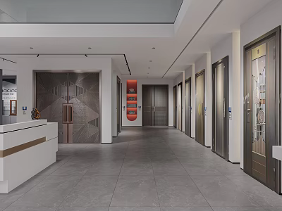 Modern Lobby Interior With Reception Desk Multiple Doors Red Decorative Wall And Gray Flooring 3d model