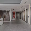 Modern Lobby Interior With Reception Desk Multiple Doors Red Decorative Wall And Gray Flooring