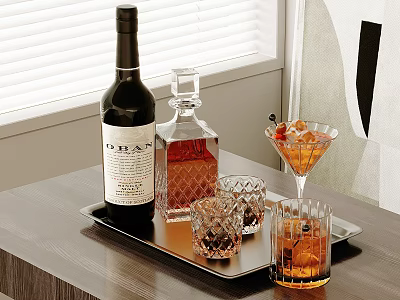 Wine Bottle Decanter And Glasses On Tray In Modern Interior 3d model