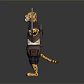 Cartoon Tiger Character Wearing Striped Sleeves Scarf Shorts With Outstretched Arms And Sword