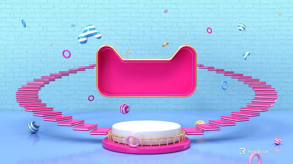 Pink Cat Shaped Frame Commercial Equipment With Spiral Stairs And White Circular Platform 3d model 