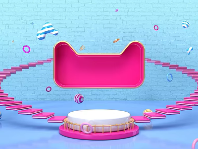 Pink Cat Shaped Frame Commercial Equipment With Spiral Stairs And White Circular Platform 3d model