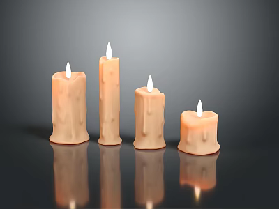 Four Lit Candle Lamps of Varying Heights on Black Surface with Reflections 3d model