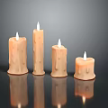 Four Lit Candle Lamps of Varying Heights on Black Surface with Reflections