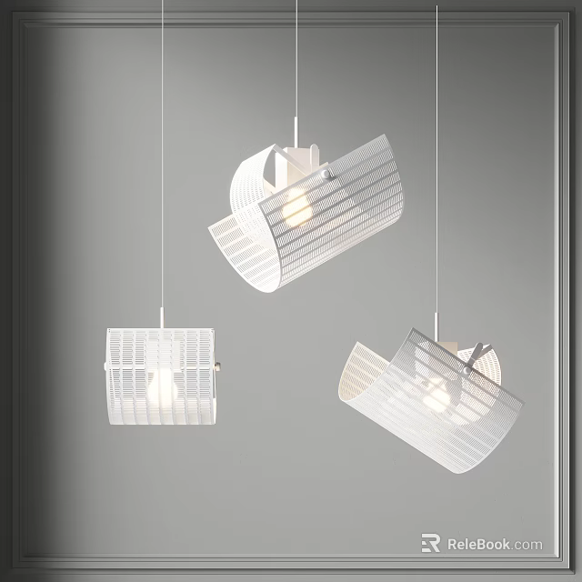 Modern White Pendant Lights With Striped Grid Structure And Irregular Shapes For Contemporary Interior Decor 3d model 