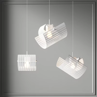 Modern White Pendant Lights With Striped Grid Structure And Irregular Shapes For Contemporary Interior Decor 3d model