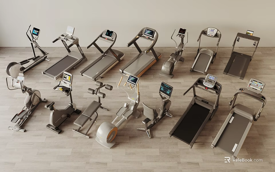 Various Types of Modern Multifunctional Fitness Equipment with Digital Monitors for Gym 3d model 