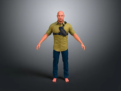 Bald Head Man Wearing Green Shirt Black Fanny Pack Blue Pants Barefoot Gray Background 3d model