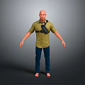 Bald Head Man Wearing Green Shirt Black Fanny Pack Blue Pants Barefoot Gray Background