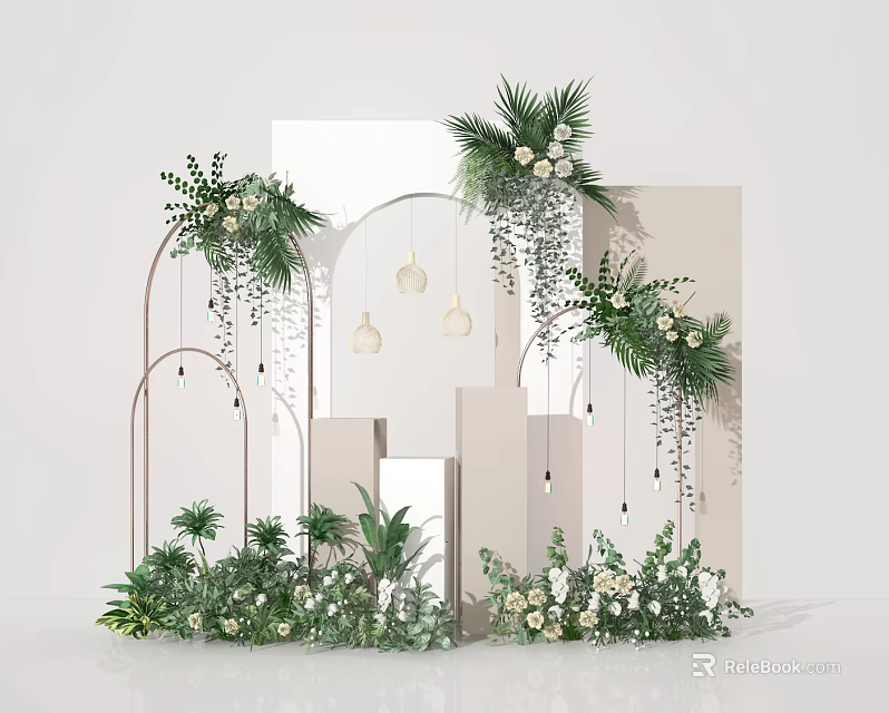 Window Display Decoration Featuring Green Plants Hanging Flowers Arch Structures And Warm Lights 3d model