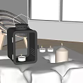 Modern Black Candle Lantern With Lit Candles On White Indoor Table 3d model