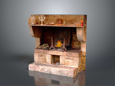 Traditional Stone Fireplace with Decorative Candlestick Ornaments on Mantel and Burning Fire 3d model