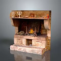 Traditional Stone Fireplace with Decorative Candlestick Ornaments on Mantel and Burning Fire