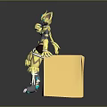 3D Mythical Creature Character Sitting On Yellow Cube With Black Yellow Fur And Crown Headpiece