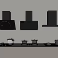 Modern Kitchen Appliances Setup With Various Range Hoods Cooktops And Pots 3d model