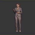 Business Woman in Formal Suit Standing and Gesturing on Neutral Background