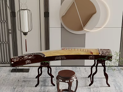 Traditional Instruments Art Supplies Display With Guzheng Brushes Inkstone And Elegant Tools 3d model