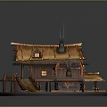 Cartoon Scene of Fairy Tale Wooden Cabin with Sloped Roof Chimney and Wooden Staircase Platform
