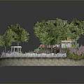 Scenic Landscape With House Trees Flowers Steps And White Fence In Circular Area