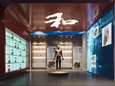 Exhibition Hall Interior With Human Model Display Cabinets Exhibits And He Character 3d model