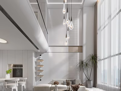 Modern Duplex Living Room Interior With High Ceiling Pendant Lights And Large Windows 3d model