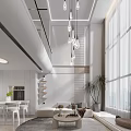 Modern Duplex Living Room Interior With High Ceiling Pendant Lights And Large Windows