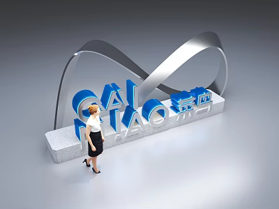 Modern Signage Design With Blue And Gold Elements And Curved Metal Structure 3d model