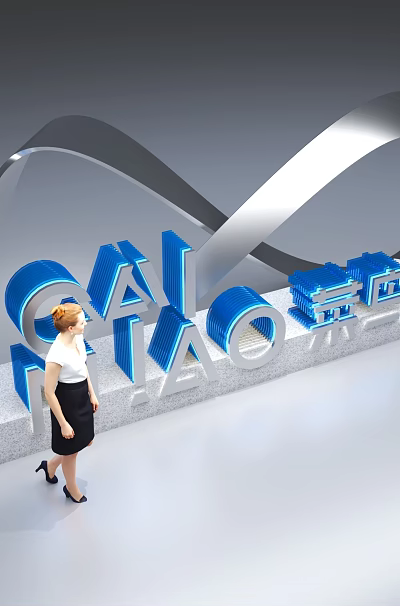 Modern Signage Design With Blue And Gold Elements And Curved Metal Structure 3d model