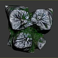 Three Silver Garbage Bags With Spilled Green Substance On Dark Surface 3d model