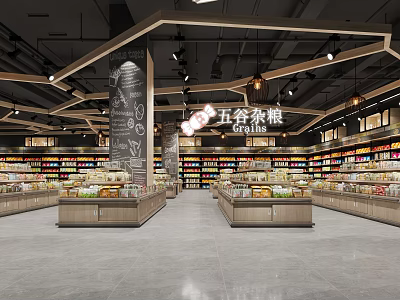 Well Organized Supermarket Grocery Interior With Shelves Full Of Grain Products And Fresh Displays 3d model