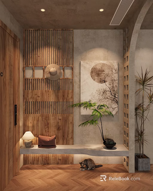 Natural Wood Entryway Hallway With Lattice Wall Artwork And Plants 3d model 