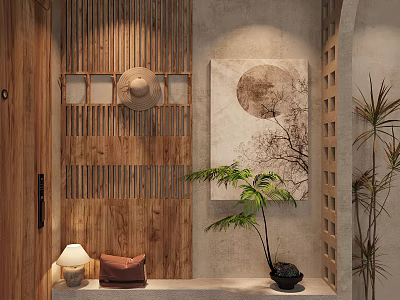 Natural Wood Entryway Hallway With Lattice Wall Artwork And Plants 3d model