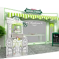 Commercial Equipment for Retail Booth with Green Striped Awning Display Counter Tables and Chairs