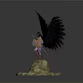 Man With Large Black Wings Holding Spear Standing On Stone Base